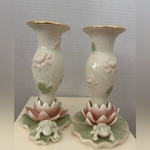 Vintage 2002 Lenox Floral Frog Candle Holders. 6 1/2” H Brand New In Box.
